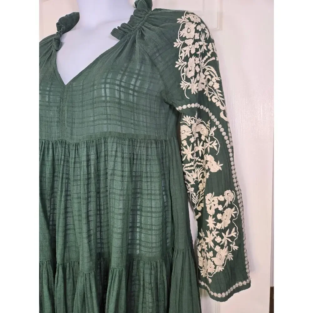 Free People Emerald City Tiered Embroidered Dress in Green Size Small - Picture 5 of 16
